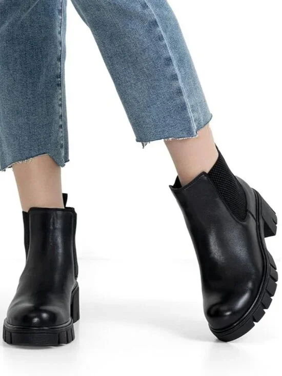 Women's Black 1 Platform Lug Sole Elastic Slip On Imported Chelsea Ankle Boots - Picture 1 of 7